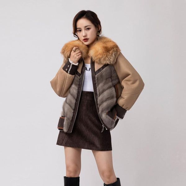 

women's fur & faux haining merino real mink integrated splicing coat 2022 winter female collar, Black