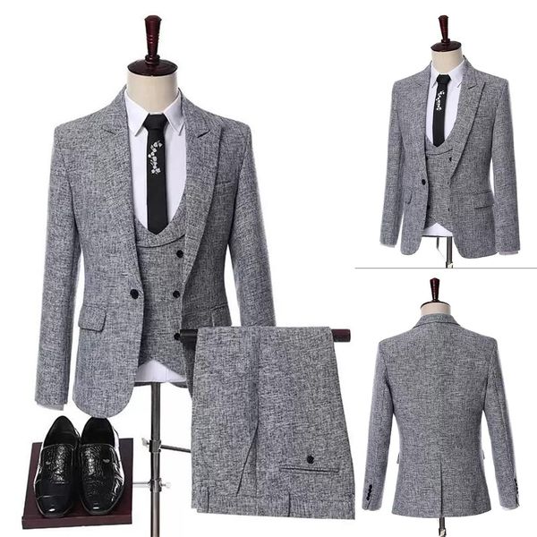 Três Peças cinza negócio Casual Homens Breasted Homens Smoking Suits Slim Fit Groom Terno de Banquete