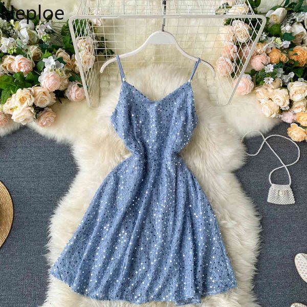 

neploe sequined party dress women v neck spaghetti strap ladies vestidos summer elegant slim waist female dresses 210423, Black;gray