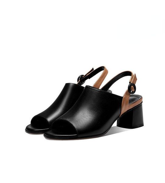 

sandals 2021 summer fashion peep toe 5cm block heels rome metal decoration footwear, Black
