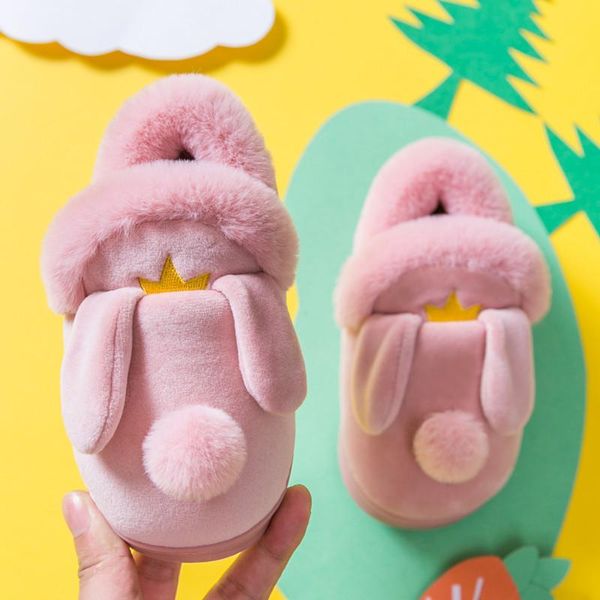 

slipper 2021 now children cotton shoes kids home slippers boys and girls baby ears plush ball thickening warm indoor, Black;grey
