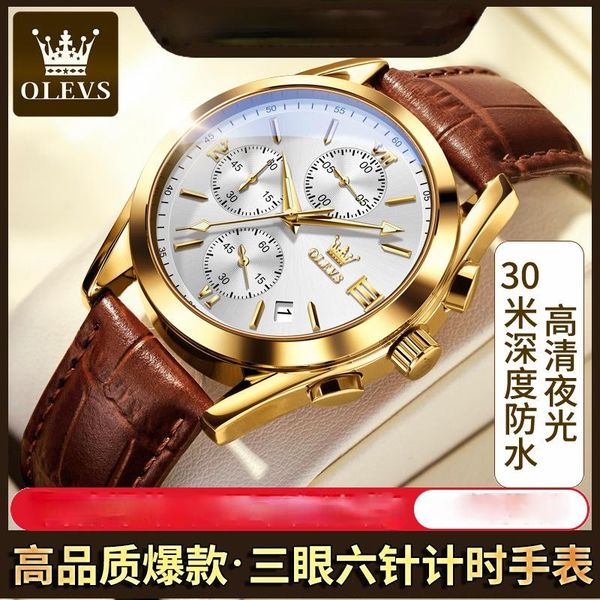 

wristwatches movement three eye six injection timing watches waterproof calendar watch men's, Slivery;brown