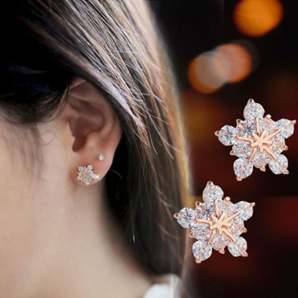 

stud yj ladies earrings fashion creative snowflake zircon sweet plum crystal, Golden;silver