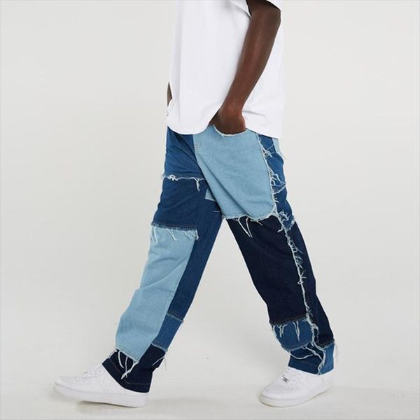 

straight leg jeans fashionable women pants frayed patchwork color matching loose fit denim trousers, Black