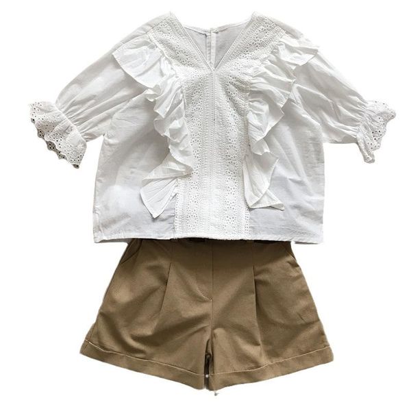 

clothing sets gift belt pretty girls summer solid ruched v-neck blouses+shorts pants toddler kids baby children clothes 2pcs 2-7y, White