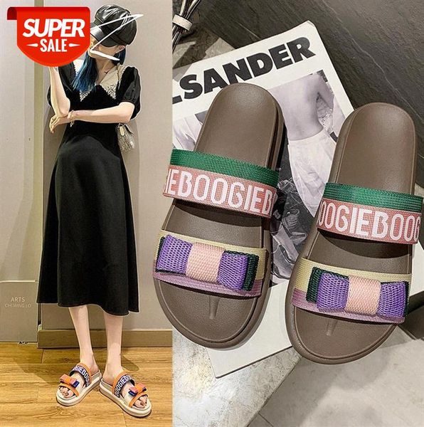 

women's sandals and slippers korean version of the letters word drag color matching bowknot ribbon platform women #wf2t, Black