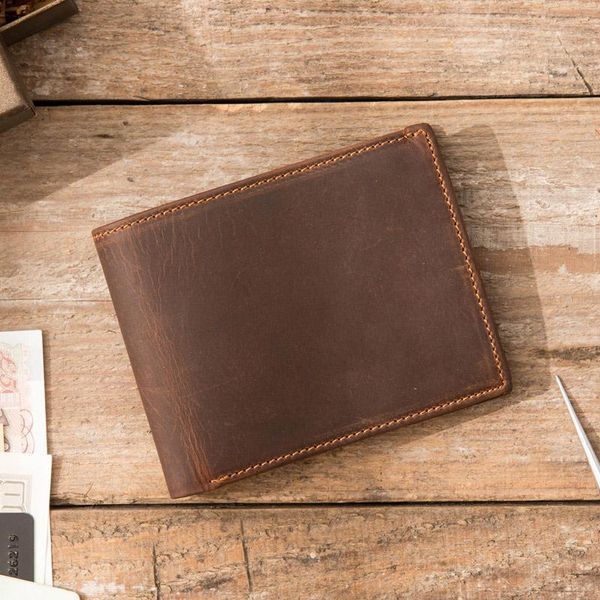 

wallets handmade leather short wallet, retro men's crazy horse first layer cowhide zipper wallet, Red;black