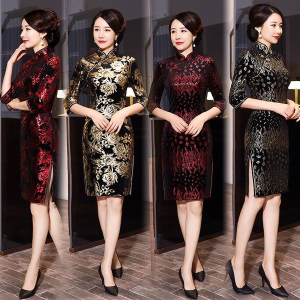 

evening party dress chinese style women velour improved half sleeve print cheongsam vestidos oversize ethnic clothing, Red