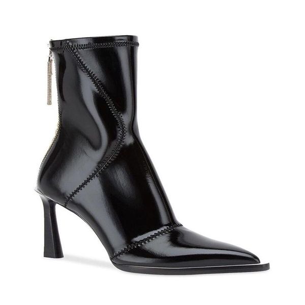 

dress shoes british style autumn and winter women's boots pointed wood grain heel high short tube thin middle, Black