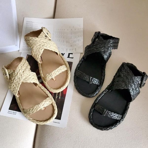 

sandals shoes women summer thong straw flat with metal decor outside zapatos de mujer, Black