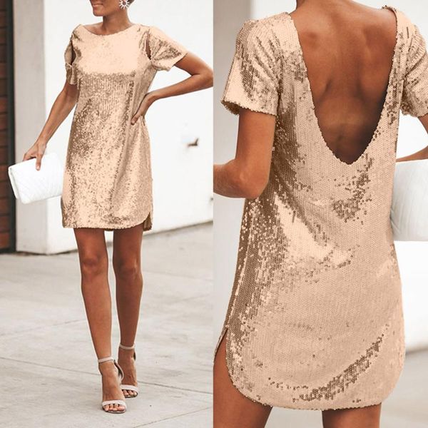 

casual dresses 2021 fashion plus size nightclub sequined backless short-sleeve dress womens formal for women clothes, Black;gray