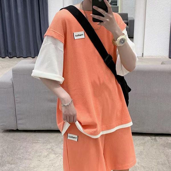 

men's tracksuits men summer two piece loose tracksuit short sleeve oversized fake t-shirts shorts set male chic mens outfits joggers, Gray