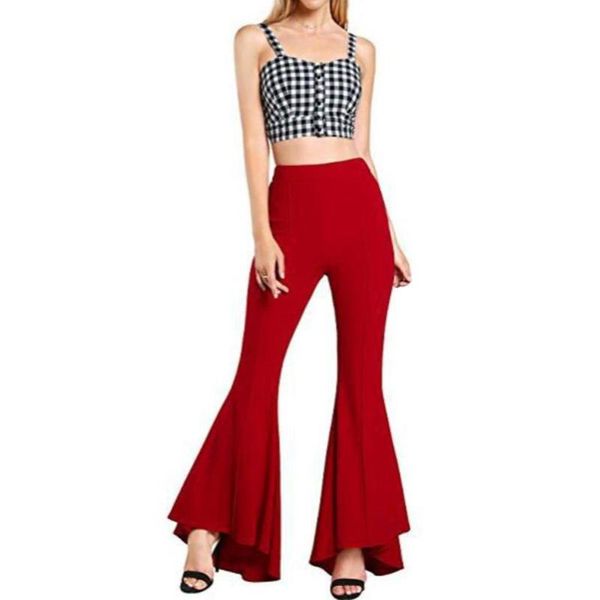 

women's pants & capris women solid color elastic high waist wide leg bell-bottom flare trousers 2021, Black;white