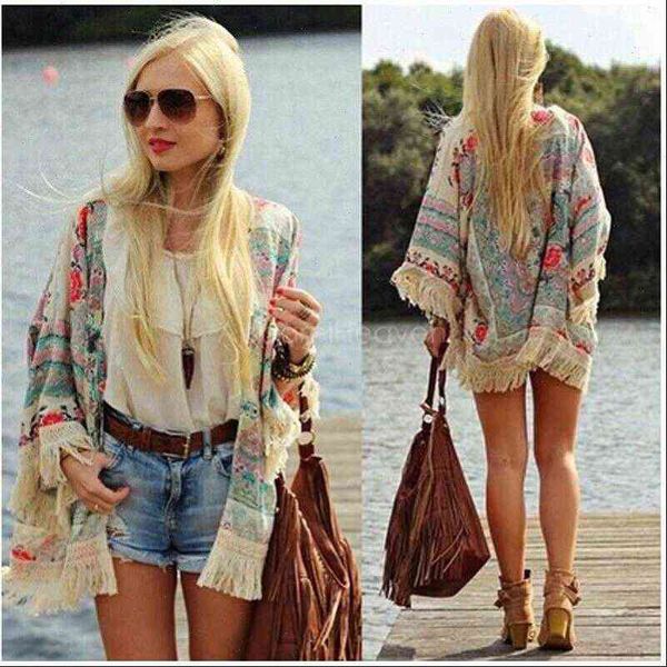 

women shirts ladies summer beachwear cover up retro boho floral lace cardigan tassel hippie kimono blouse, White