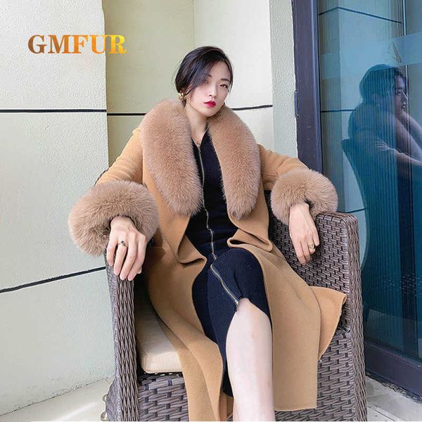 Inverno Real Fox Fur Collar e Punuffs Set Mulheres Espessas Quente Genuíno Moda Destacável Scarves Braço Manga Combate Cashmere Overcoats H0923