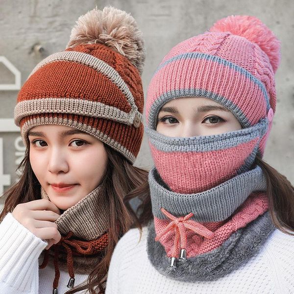 

beanie/skull caps winter wool cap for lady keep warm cute hair wrap three-piece suit korean version knitted hat tab russian neck guard femal, Blue;gray