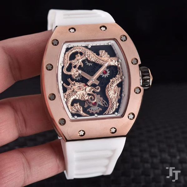 

wristwatches red blue black rubber rose gold men watch sapphire automatic mechanical dragon tourbillion skeleton watches, Slivery;brown