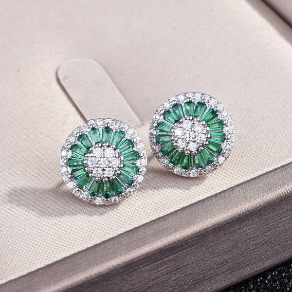 

stud elegant round earrings with green crystal zircon vintage charm piercing jewelry for women wedding party birthday gift, Golden;silver