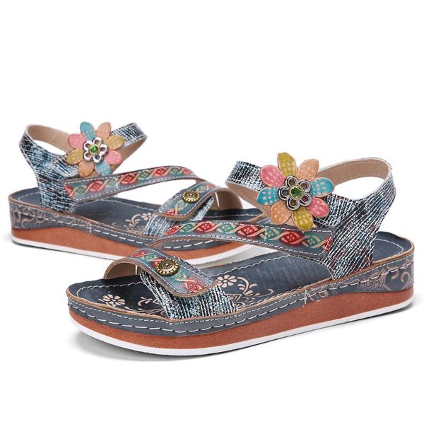 

sandals 2021 women ankle strap woman flat shoes flower peep toe hook & loop nation retro sandal summer casual, Black