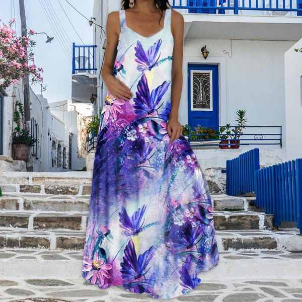 

casual dresses women summer beach dress bohemian floral printed thin straps sleeveless loose v-neck long elegant party, Black;gray