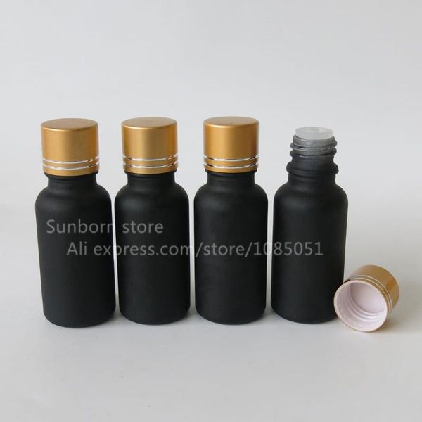 

10pcs/lot wholesale black glass essential oil packaging cosmetic bottle 20ml with glod screw cap storage bottles & jars