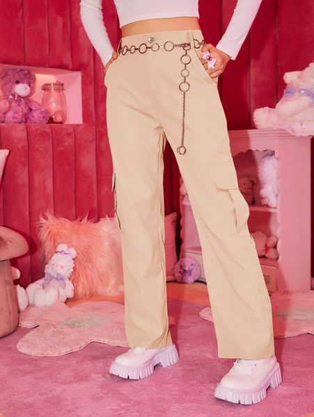 

romwe solid flap pocket cargo pants 79uh#, Black;white