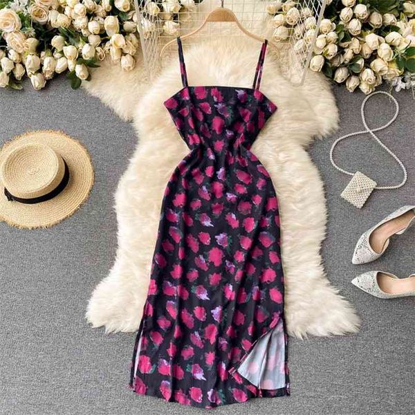 

spring strap vestidos female temperament printing less square neck split midi dress c357 210507, Black;gray