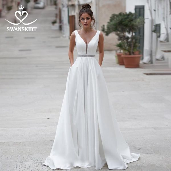 

other wedding dresses swansarah crystal satin dress 2021 vintage v-neck a-line with pockets bridal gown plus size vestido de noiva n114, White