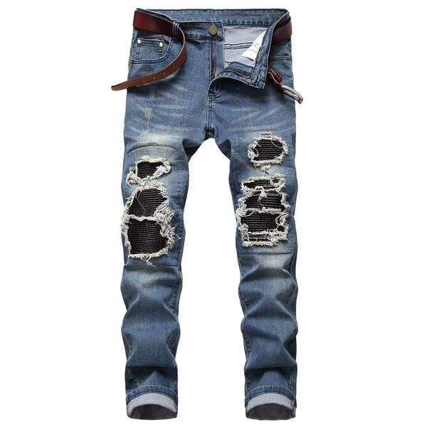 

autumn spring men's ripped street hip hop punk stretch bike jeans trendy holes straight denim trouers 211120, Blue