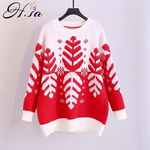 

h.sa winter snowflake christmas sweater long soft pull jumpers thick warm knit sweaters red snowwear 210417, White;black