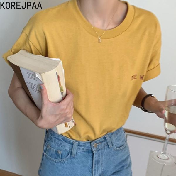 

korejpaa women t-shirt 2021 summer korea chic girl simple casual basic round neck contrast letter print loose versatile pullover women', White