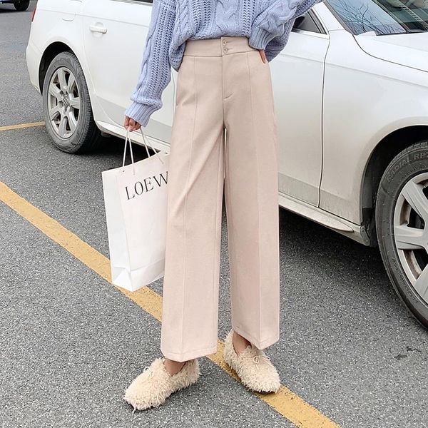 

women woolen pants casual high waist straight trousers 2021 fall winter ladies zipper solid female mujer women's & capris, Black;white