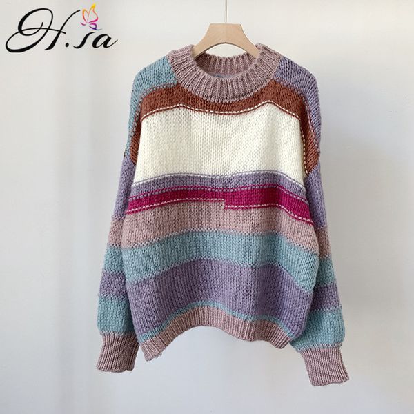 

h.sa women and pullovers casual striped oversized sweater jumpers warm thick pull femme chic korean jumper pullover 210417, White;black