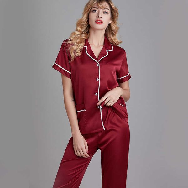 

yaoting new satin pajamas women's spring and summer short sleeve home wear summer large two piece suit cardigan 19184-1 homewear for gi, Black;red
