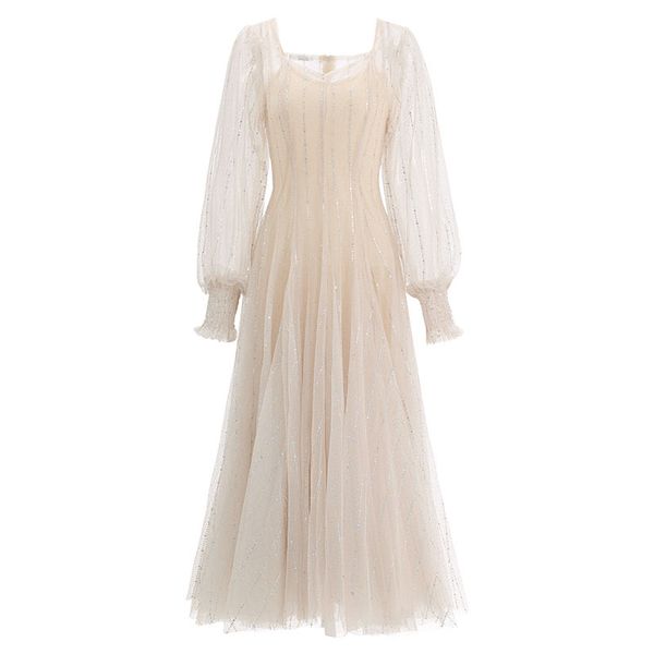 

women's mesh sequined dress apricot blue square collar lantern long sleeve midi d2607 210514, Black;gray