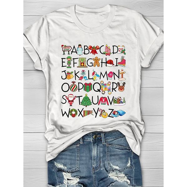 

Ladies Top T-shirt Harajuku Summer Christmas Pendant Printed Pattern Street Casual Round Neck Short Sleeve Comfortable, White