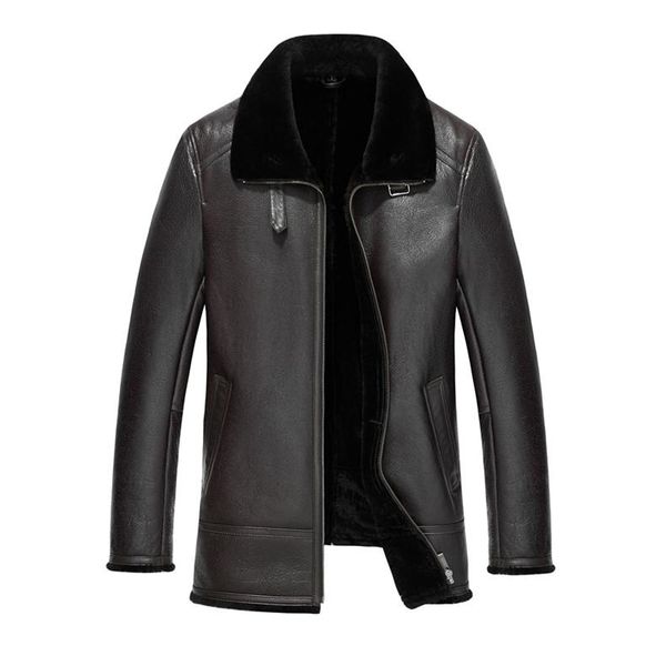 

winter genuine leather jackets men casual black real sheepskin long shearling coat with natural wool lining warm men's & faux