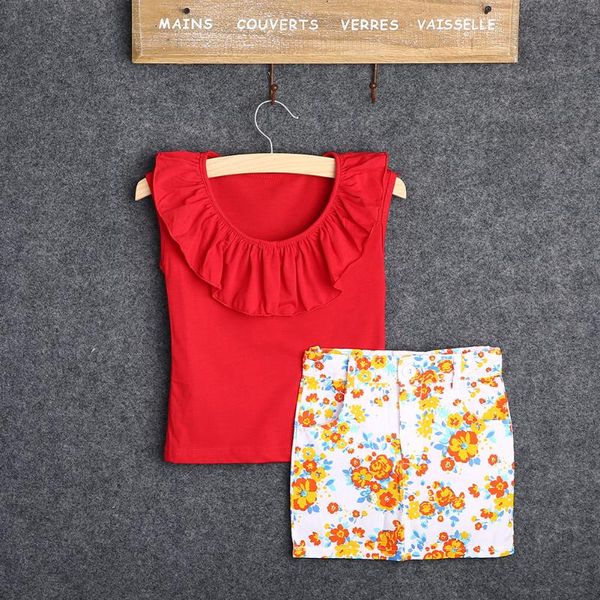 

clothing sets toddler kids baby girls clothes set summer 2pcs red ruffled t-shirt+flower pencil skirt children outfits, White