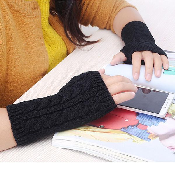 

five fingers gloves knitted crochet long hand finger glove winter warm wool fingerless half for women girl men unisex, Blue;gray