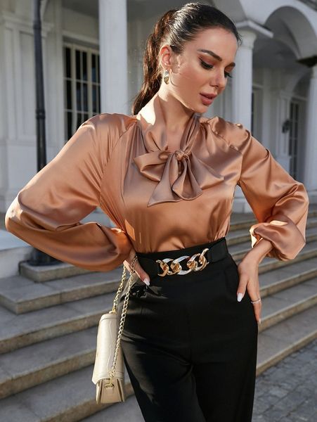 

lantern sleeve tie neck satin blouse c2vr#, White