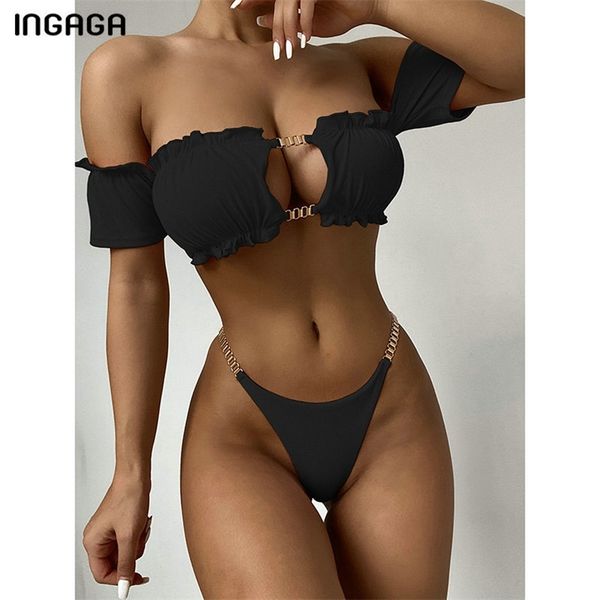 INGAGA gerippte Bikinis Rüschen Damen Badeanzug Bandeau Bademode High Cut Biquini Metallkette Badeanzüge Schwarz Bikini Set 210722