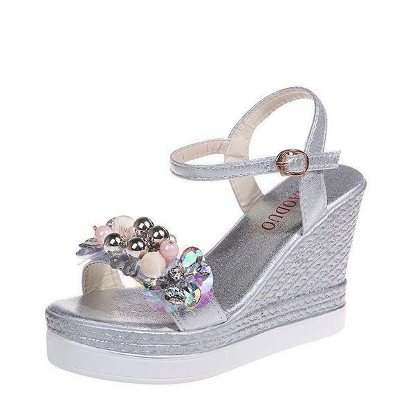 

summer british style girl wedge platform buckle sandals women's pearl lightweight flower fashion high heels a590 dress shoes, Black