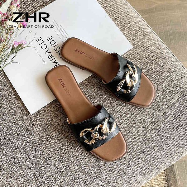

official website 70% off outlet slippers women slides luxury brand flip flops shoes genuine leather square toe summer slide designers sandal, Black