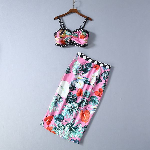 

two piece dress spring for european and american women's wear condole belt vest printed skirt fashion two-piece suit oufp, White