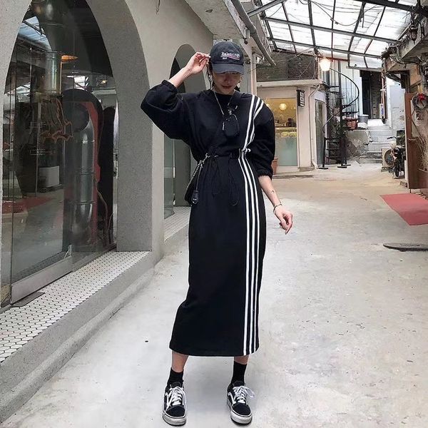 

Elegant office ladies fashion stripe high waist impression knee length dress a619, Black;gray