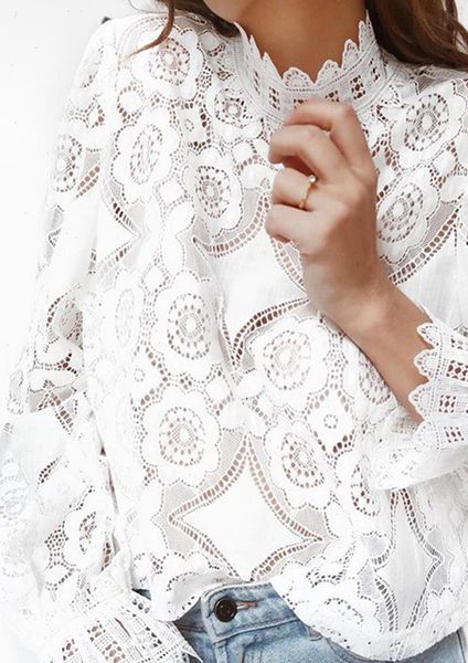 

fashion lace white hallow women shirts out casual bell long sleeve pullover