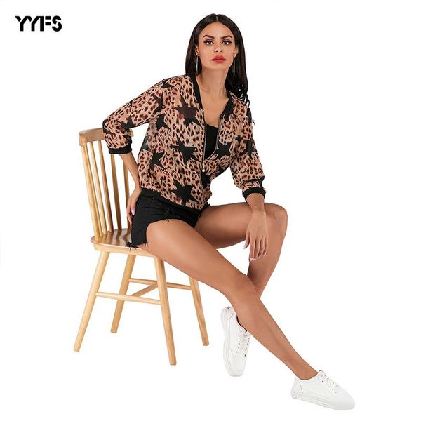

women's jackets 2021 summer style leopard print with zipper short jacket loose casual chiffon anti-shine womens clothing, Black;brown