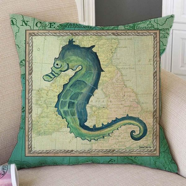 Almofada / Almofada Decorativa Vintage Sailing Mapa Seahorse Compass Remoder Anchor Imprimir Home Sofá Decorativo Lance Case Algodão Carro Almofada Almofada