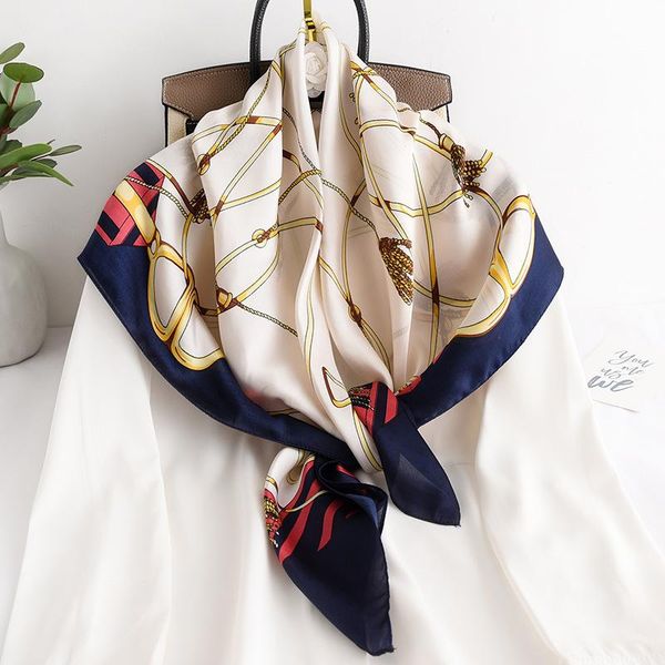 

scarves luxury silk seaside sunscreen quality shawl spring and autumn women chain print tourism fashion flower square scarf, Blue;gray