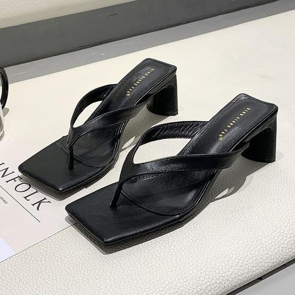 

slippers 2021 summer slip-on flip flops fashion high heels sandals for women elegant white ladies square outdoor, Black